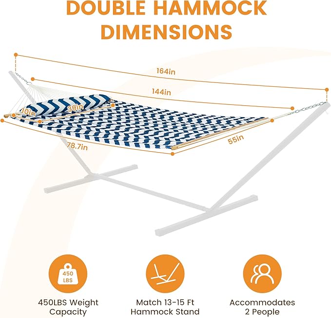 Lazy Daze Hammocks 12FT Quilted Fabric Double Hammock with Spreader Bars and Detachable Pillow, 2 Person Hammock for Outdoor Patio Backyard Poolside, 450 LBS Weight Capacity, Blue Chevron Stripe