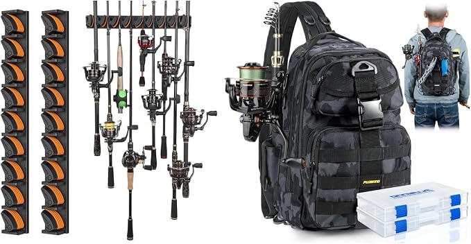 PLUSINNO V9 Vertical Fishing Rod Holders, 2 Packs Wall Mounted Fishing Pole Holders, with Fishing Backpack Tackle Bag
