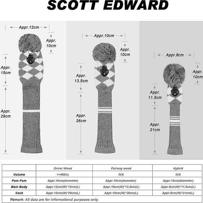 Scott Edward Knit Wood Golf Club Head Covers 4 Pieces Knitted Item Fit Over Well Driver Wood(460cc) Fairway Wood and Hybrid(UT)