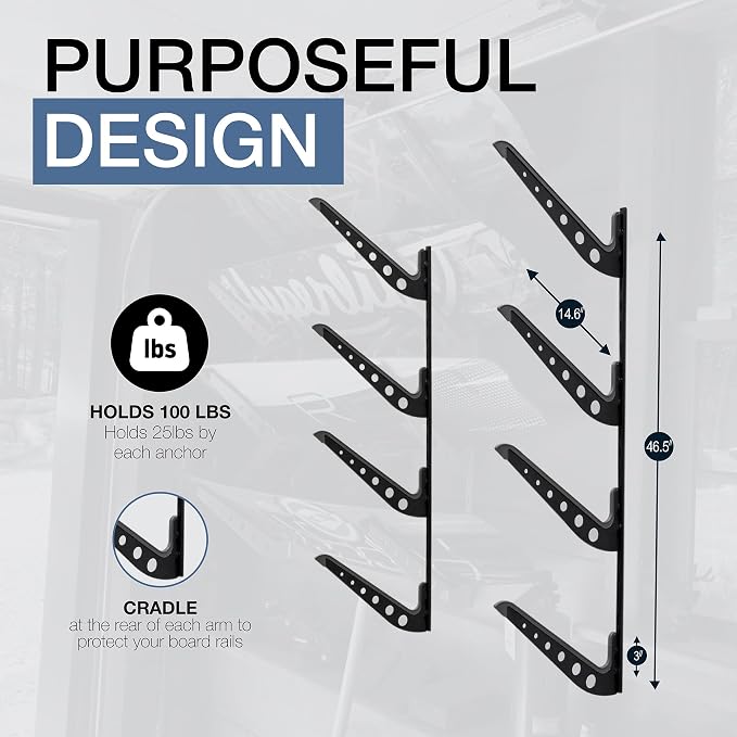 StoreYourBoard Adjustable Wakeboard Storage Rack – Wall Mount 4 Level Display, Heavy Duty Water Sports Gear Hanger for Wakeboards, Wakesurf Boards, and More, Holds up to 100 lbs