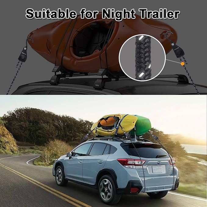 1/4" x12' Kayak Tie Down Straps with Reflective Stripe, Boat Trailer Straps Canoe Bow and Stern Rope Hanger Kayak and Canoe Accessories (Black, 2PCS)