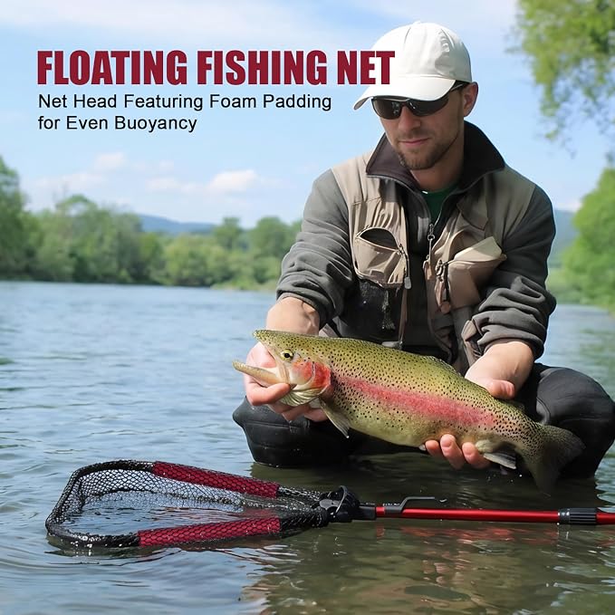 Goture Floating Fishing Net with Assist Handle, Aluminum Alloy Fixed or Telescoping Pole Handle, PVC Coated Nylon Mesh, Foldable Fish Landing Net, Carry Bag for Kayak, Fly, Bass, Trout Fishing