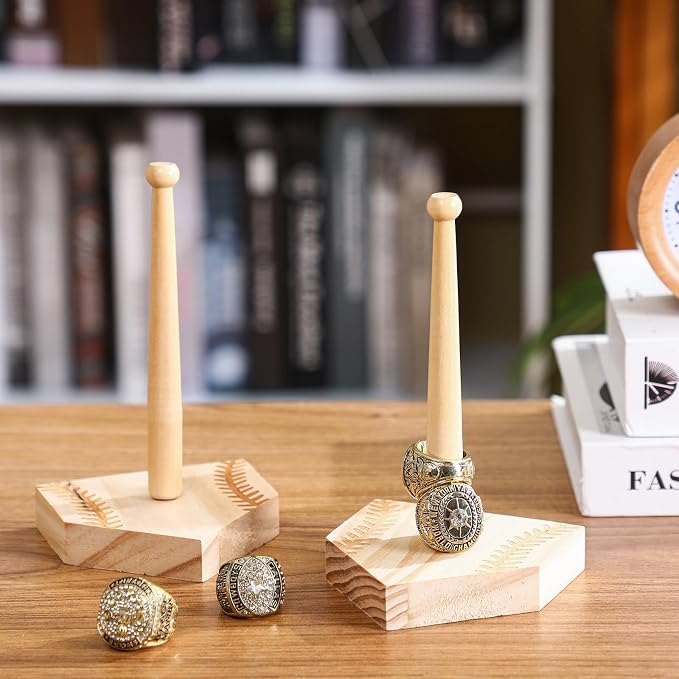 Beeveer 2 Sets Baseball Wooden Ring Holder Softball Championship Ring Baseball Bat Prize Holder Stand Display Stand Stacked Prize Storage Organizer Birthday Gift for Kids Dad Grandpa
