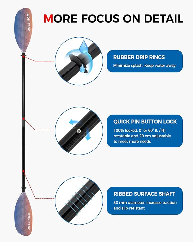 Kayak Paddle with Fiberglass Shaft and Reinforced Nylon Blade, Adjustable Kayaking Oars, 3 Piece, 230-250 cm/90-98 inches, 210-230 cm/82-90 inches
