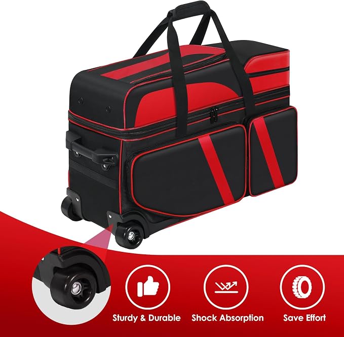 4 Ball Bowling Bag with Wheels, Bowling Bag 4 Ball Roller with Multi-pocket & Shoe Compartment & Retractable Handle, 3 Ball Roller Bag + 1 Ball Color Matching Add On Tote