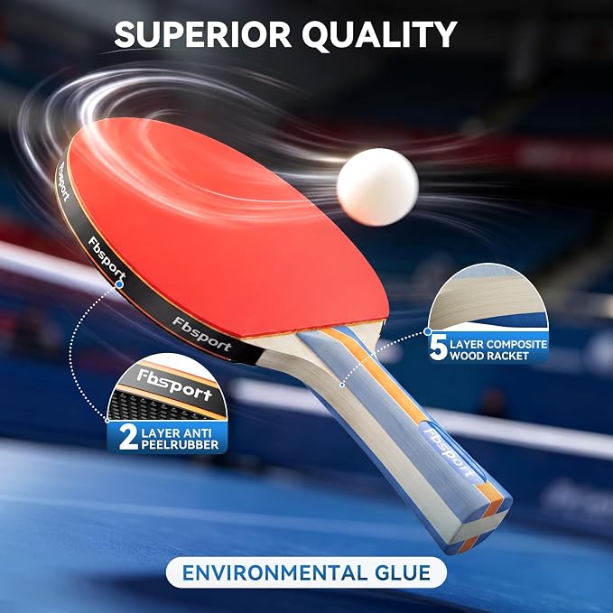 FBSPORT Ping Pong Paddle Set, Table Tennis Set with 4 Rackets and 8 Balls, Retractable Net with Storage Bag - Pingpong Paddle Accessories for Indoor/Outdoor Games