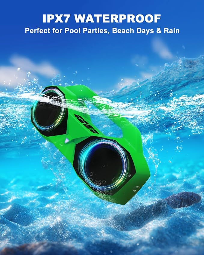 OZJ Bluetooth Speaker Outdoor Loud: 80W(Peak) with Bass, Portable Wireless Speaker with IPX7 Waterproof, 20H Playtime, RGB Lights, TWS for Outside, Beach, Work (Green)