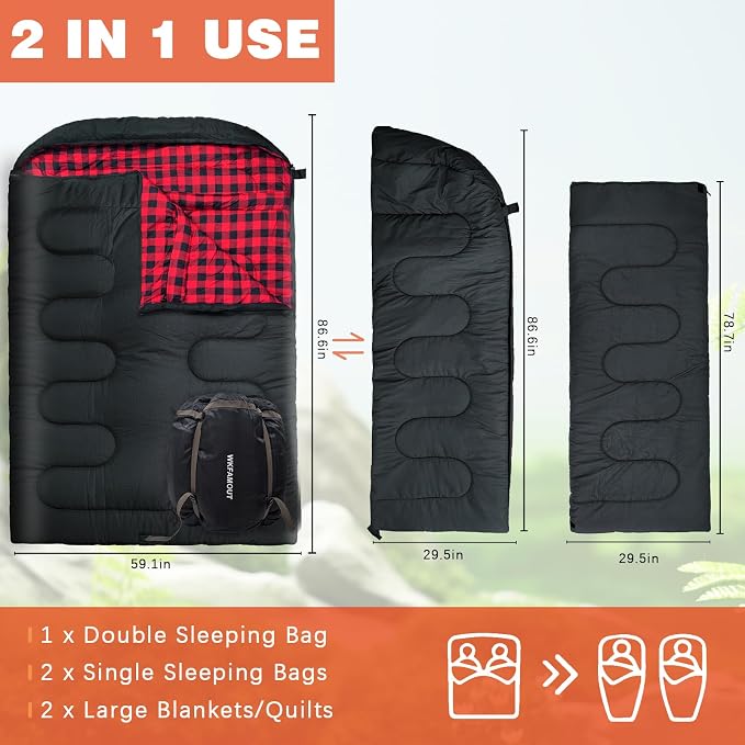 0 Degree Double Sleeping Bag for Adults Queen Size 2 Person Sleeping Bag for Cold Weather with Compression Sack for Car Camping, Hunting and Tent Camp