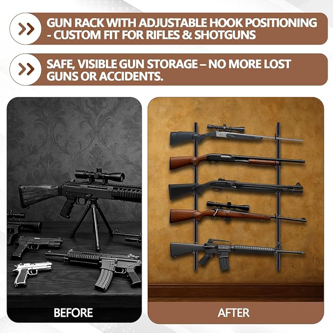 Zonon Gun Racks for Wall Holds up 5 Guns Adjustable Steel Gun Rack Wall Mount Rifle Shelf Display Stand for Indoor Securely Hold, Fishing Rod Pole Rack