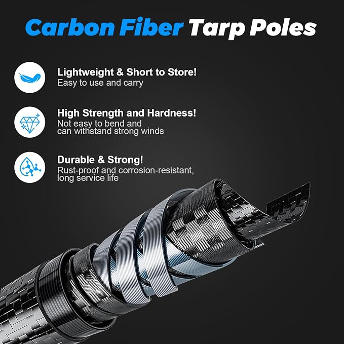 Telescopic Tarp Poles, Canopy Adjustable Carbon Fiber Poles Set of 2, Portable & Lightweight Tent Tarps for Awning, Camping, Hiking 67"