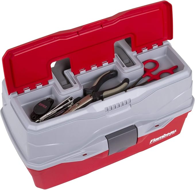 Flambeau Outdoors 6383 3-Tray Tackle Box, 32 Compartments, Red and Gray | Iconic cantilever 3-tray box, 32 compartments with 13 removable dividers, Draw Tite latch, Tip-Guard supports