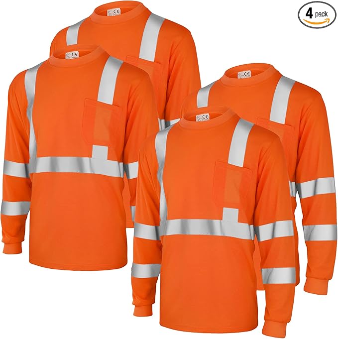Amylove 4 Pcs Long Sleeve Safety Shirt High Visibility Reflective Construction Work Shirts for Men Women(XL,Orange)