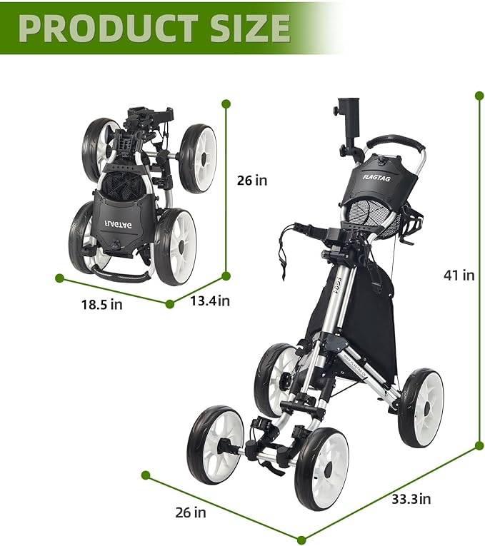 FLAGTAG Golf Push Cart 4-Wheels,Folding Golf Cart, Golf Pull cart with Cup Holder,Umbrella Holder,Cooler Bag, Foldable with one-Click,Handle Height Adjustable,Drink Holder,Walking Push cart