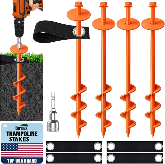 Eurmax USA 4 Pack Universal Ground Anchors High Wind, Heavy Duty Screw-in Trampoline Stakes with 4 Straps, Upgraded Commercial Anchor Kit for Outdoor Sheds, Swing Sets & Mobile Homes (Orange)