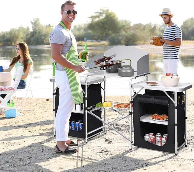 Giantex Camping Kitchen Station, Folding Grill Table with 26'' Tabletop, 2 Side Tables, Storage Organizer, Detachable Windscreen, Portable Camp Cook Outdoor Prep Station Backyard BBQ Picnic (Black)