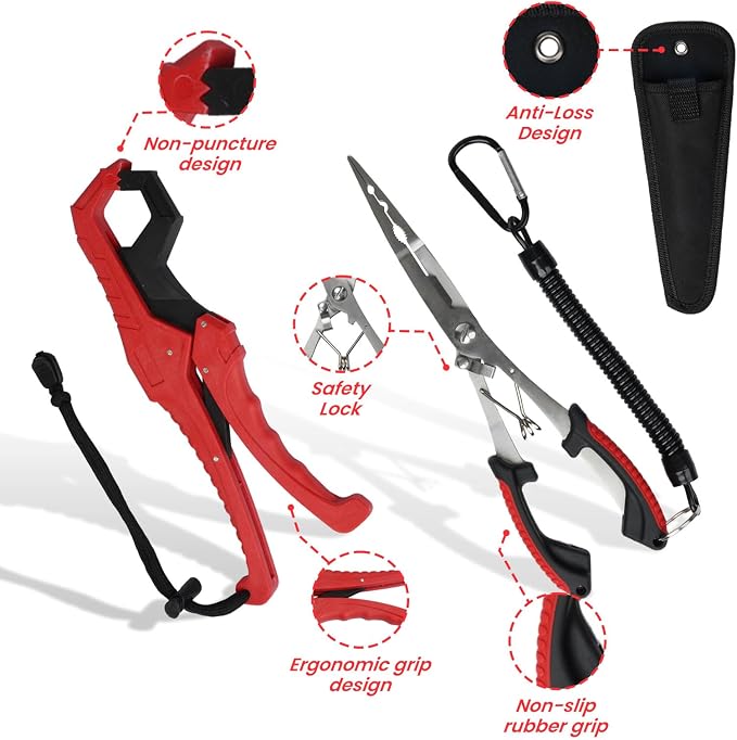 RAWILL 9 Pcs Fishing Tool Kit, Fishing Pliers with Lanyard and Protective Sheaths, Landing Net, Fillet Knife, Fish Scale, Gripper