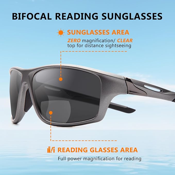 DEHOTRE 2 Pack Bifocal Reading Sunglasses Men Wrap Around Sports Sun Readers Outdoor Clear Top Soft Nose Pads PC Frame UV400