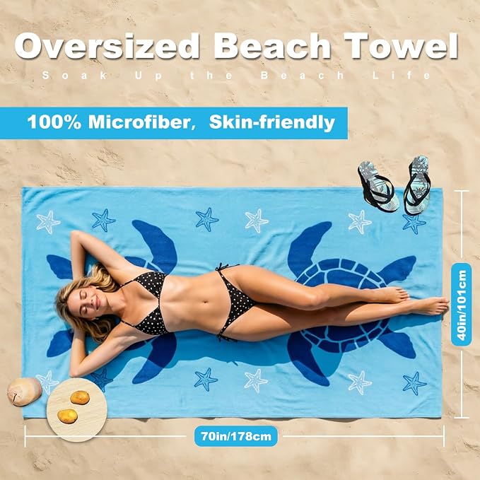 Jessy Home Microfiber 4 Pack Beach Towel Set, 40x70in Oversized Beach Towel, Quick-Dry Sand-Free Highly Absorbent Swim Towel, Soft Pool Towel, Marine Mixed Prints of Starfish & Sea Turtle for Vacation