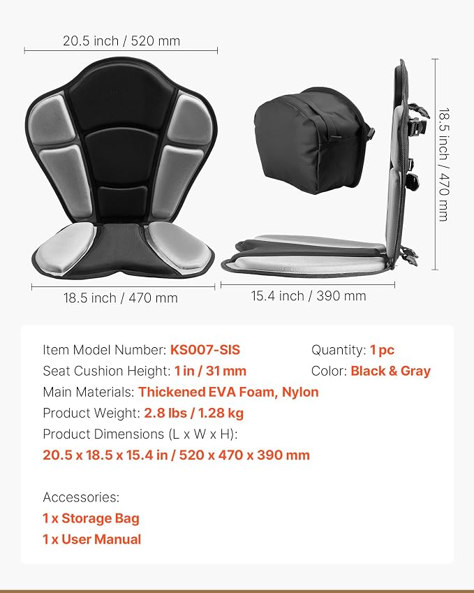 VEVOR Kayak Seat, Universal Paddle Board Seat with Adjustable Back Support, Multiple Thickness Options (0.5” to 2.6”), Soft Padded Cushion & Storage Bag for SUP, Canoe, Fishing Boat, Inflatable Kayak