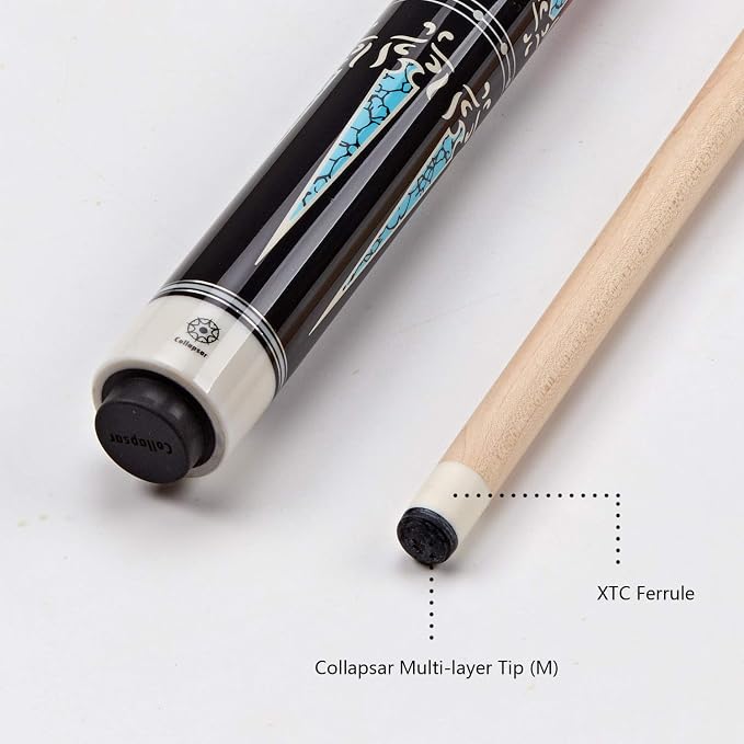 Collapsar CXT Pool Cue with Soft Case,Black with Cream Points and Turquoise,Wrapless Handle 58Inch Professional Pool Stick