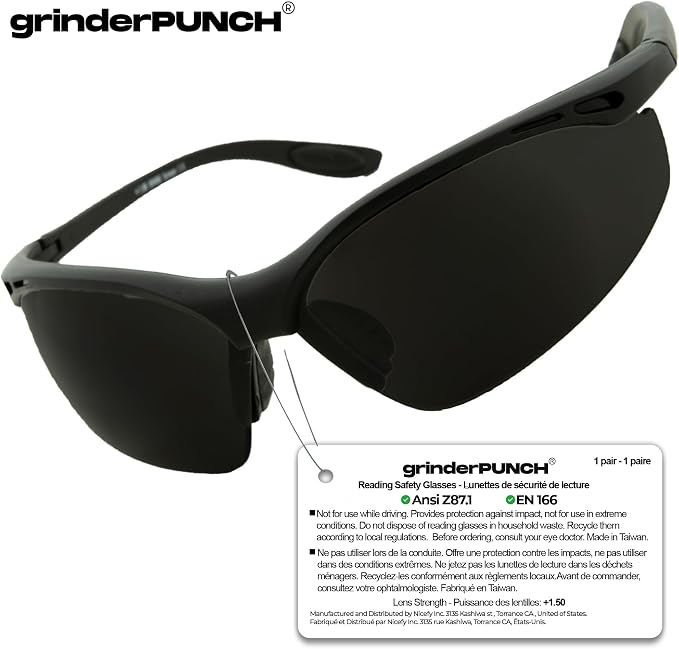 grinderPUNCH Full Lens Magnification Safety Glasses Readers ANSI Z87 Impact Resistant Diopter Magnifying Reading Glasses