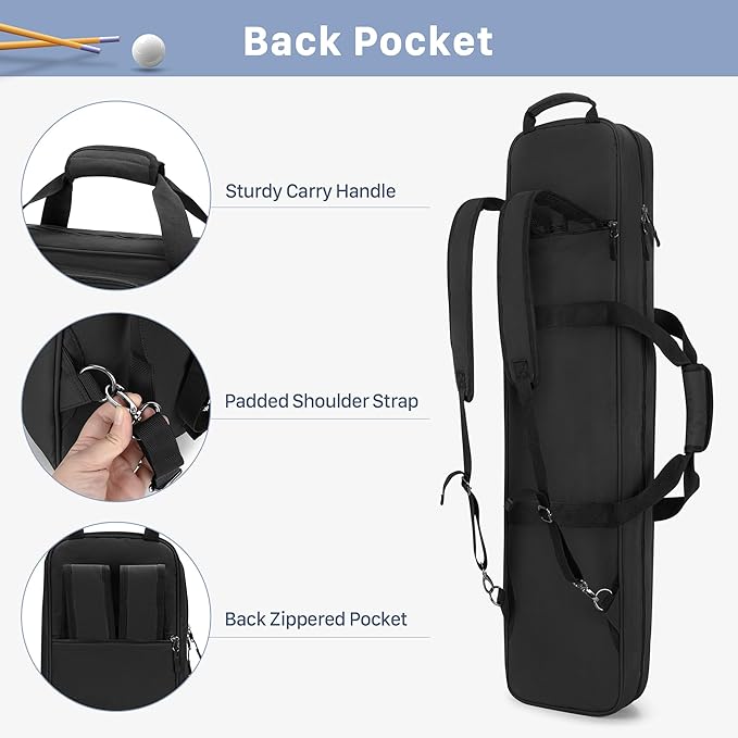 GOBUROS 4x5 Pool Cue Case, Billiard Stick Carrying Case Holds 4 Butts and 5 Shafts, Soft Pool Stick Bag with Large Front Accessories Pockets and Shoulder Strap for Easy Carry