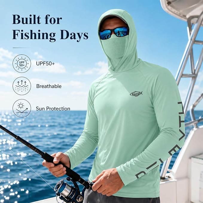 Palmyth Men's Fishing Hoodie Shirt UPF 50+ Quick-Dry Breathable Long Sleeve | Long Sleeve Fishing Shirt, UPF 50+ Sun Protection, Quick-Dry Fabric, Breathable Mesh Back, Built-in Face Mask, 4-way Stretch