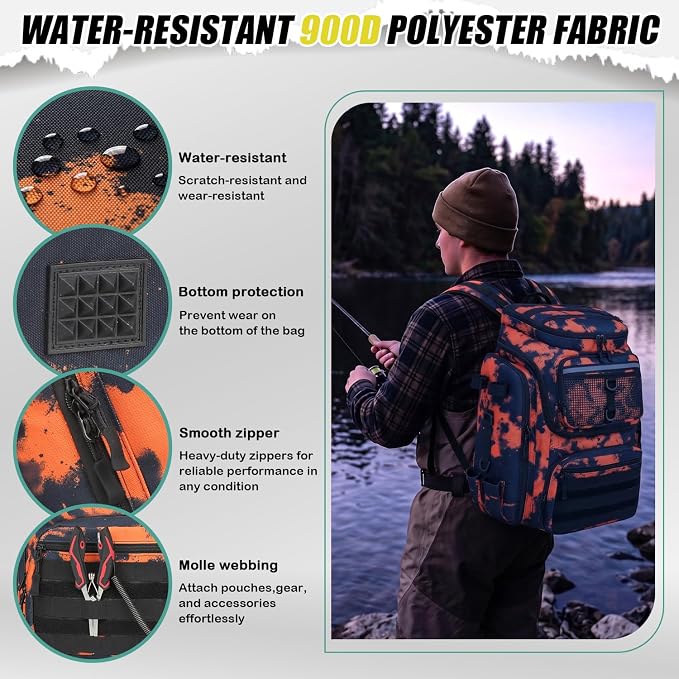 HAMBOLY Fishing Backpack 45L with Rod Holders, Water-Resistant Tackle Backpack for Fishermen, Large Capacity Fishing Gear Bag for Travel Hiking Camping