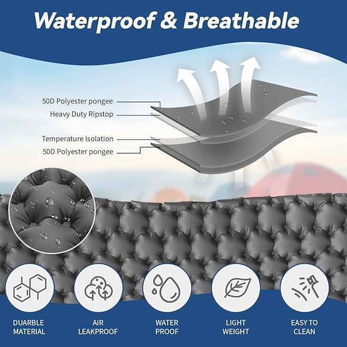 HiiPeak Double Sleeping Pad - Self Inflating 3" Extra-Thick for 2 Person with Pillow Built-in Foot Pump Inflatable Sleeping Mat for Backpacking, Hiking, Traveling, Tent, Portable Camping Mat (Gray)
