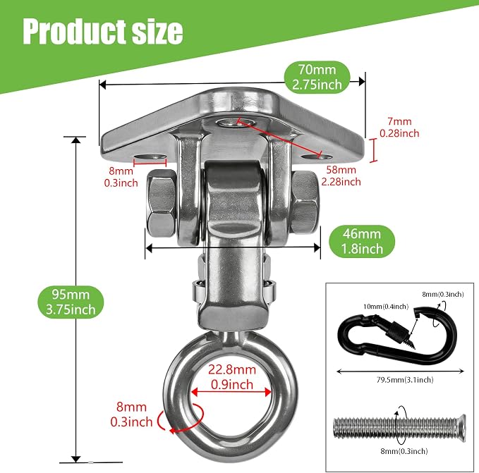 Heavy Duty Swing Hangers Kit, Hanging Snap Hooks Screws Bolt, Swing Set Bracket for Playground Porch Patio Yoga Seat Indoor Outdoor Ceiling Mount