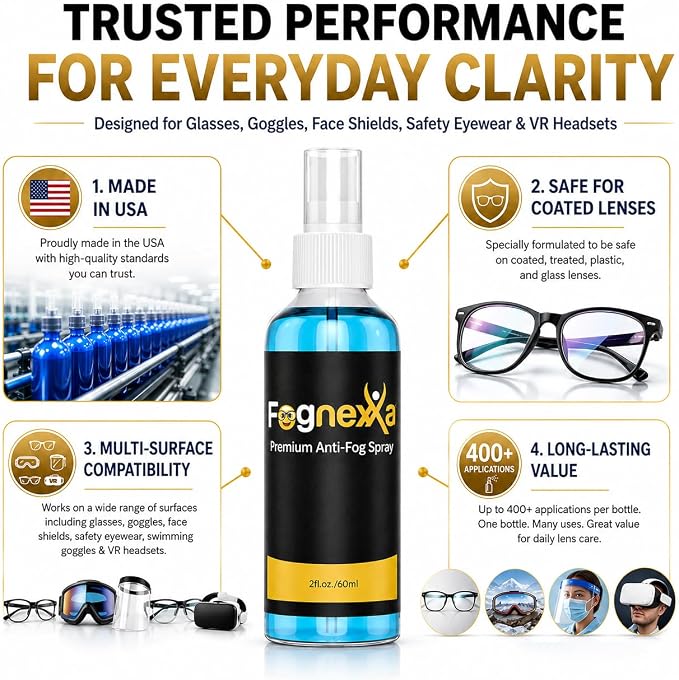 2fl Oz Fognexxa Premium Anti Fog Spray for Glasses, Goggles, VR Headsets & Face Shields, 24 Hour Fog Protection, Safe for Coated Lenses, 400+ Applications, Made in USA