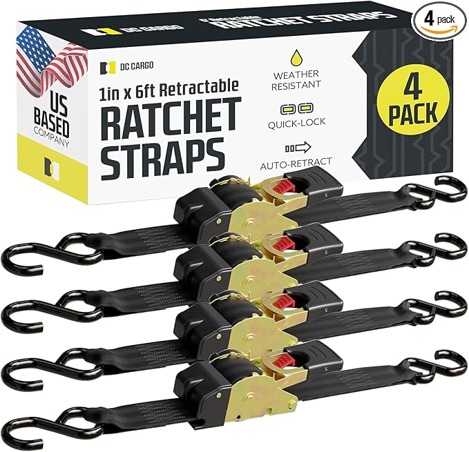 DC Cargo Mall Auto Retractable Ratchet Straps (4-Pack) 1” x 6ft, Heavy Duty, 1,522lb Break Strength – Tie Down Straps for Cargo, Truck, Trailer, Motorcycle, Boat
