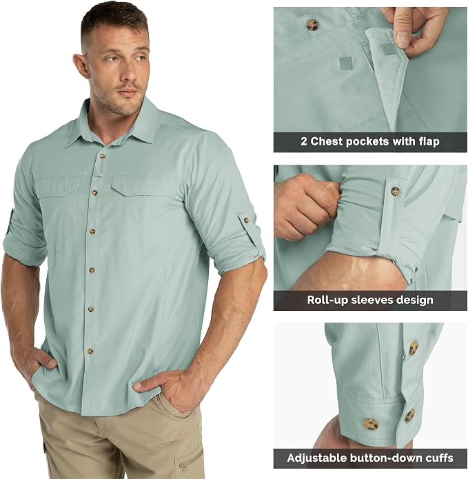 33,000ft Men's Long Sleeve Hiking Shirts Lightweight Quick Dry Sun Protection UV UPF 50 Fishing Shirt Outdoor Safari Travel