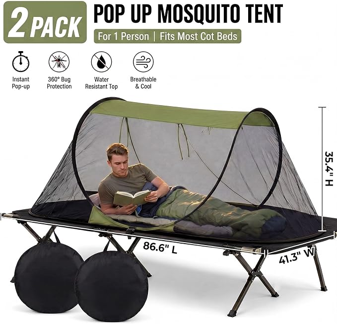 2 Pack Pop up Mosquito Tent for Camping 1 Person Instant Setup Foldable Bug Net Cot Tent with Ground Pin Portable Waterproof Screen Net for Cot Bed Hiking Summer Beach Outdoor