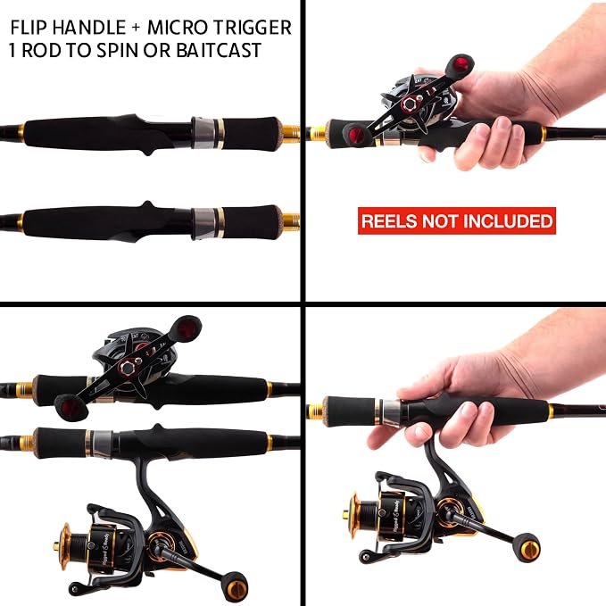 Rigged and Ready Predator Series Spin & Baitcast Travel Fishing Rods. Unique Spin Cast Micro Trigger. Compact Hi-Carbon Rods. 4 Rod Sections, 2 Tips, + case. Mobile Lure Rod Anglers. Fresh & Saltwater