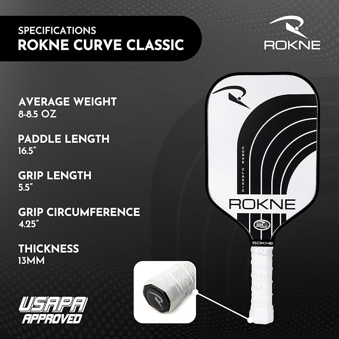 ROKNE Curve Classic Pickleball Paddle | USAPA Approved Fiberglass Pickleball Paddles | Precision Engineering & Comfort | ProGrit Texture for Max Spin & Power | Paddle
