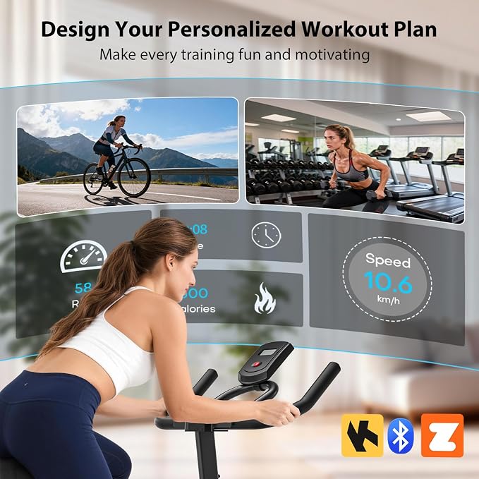Exercise Bike, Wenoker Magnetic Stationary Bike for Home App Sync Indoor Bike with Adjustable Seat and Handlebar, Transport Wheels and Fitness Courses for Weight Loss