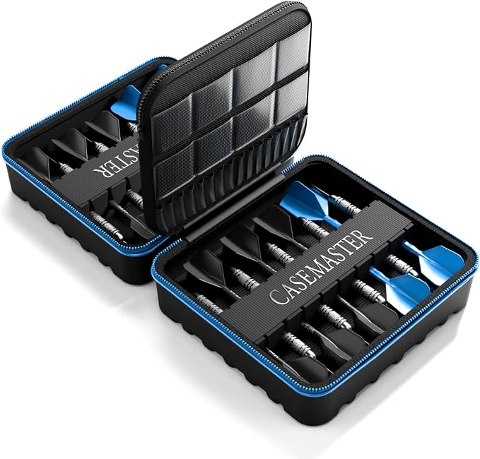 Casemaster Maxx 6 Dart Case, Holds 18 Steel Tip or Soft Tip Darts Fully Assembled, Hard Shell EVA Darts Case, 16 Accessory Pockets, Blue