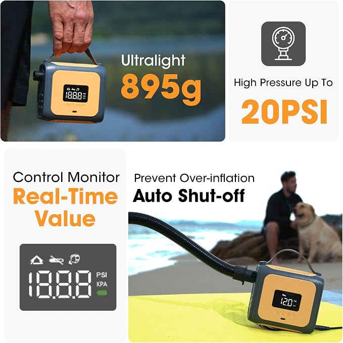 Zetta 138 SUP Pump 20PSI High Pressure Paddle Board Pump Quick Portable SUP Air Pump,Auto-Off &12V DC Car,6 Nozzles for for Inflatable Stand up Paddle Boards,Boats,Inflators
