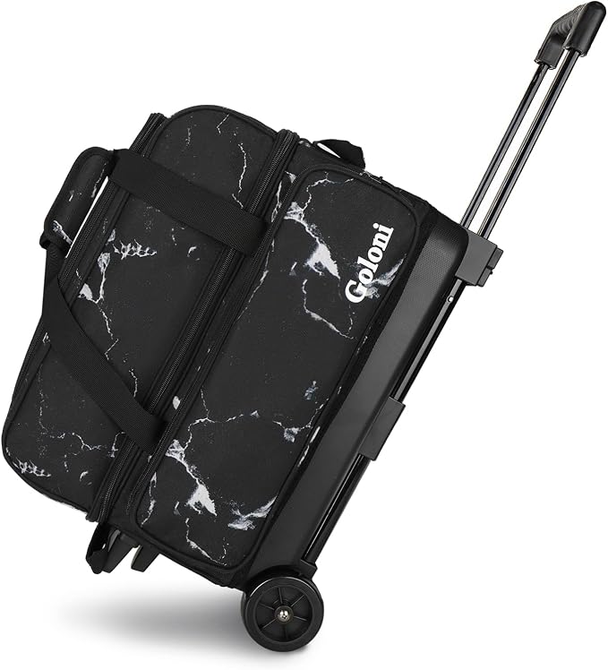 Goloni Double Roller 2 Ball Bowling Bag with Separate Shoe Compartment,2 Ball Bowling Bag with Wheels,Retractable Handle Extends to 40"