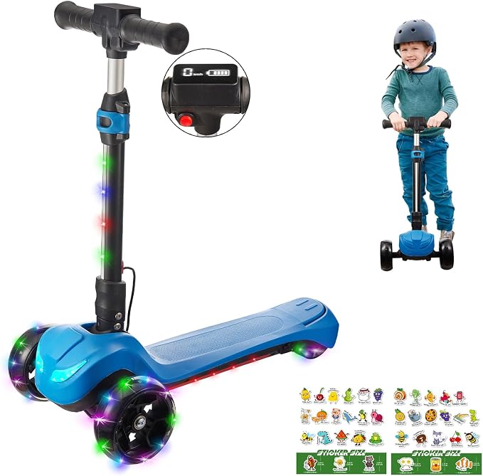 3 Wheel Electric Scooter for Kids Ages 3+, LCD Display, Colorful Lights, Reliable Thumb Throttle, 3 Adjustable Height, 5Mph Safe Speed and Long Range, Foldable Kids Electric Scooter