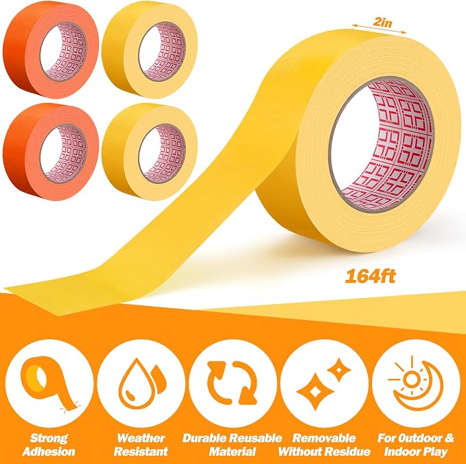 4 Pcs Pickleball Court Tape, 2in x 656 ft Tape for Outdoor Indoor Court Temporary Lines Marking Kit for Basketball Games Activities, Orange and Yellow