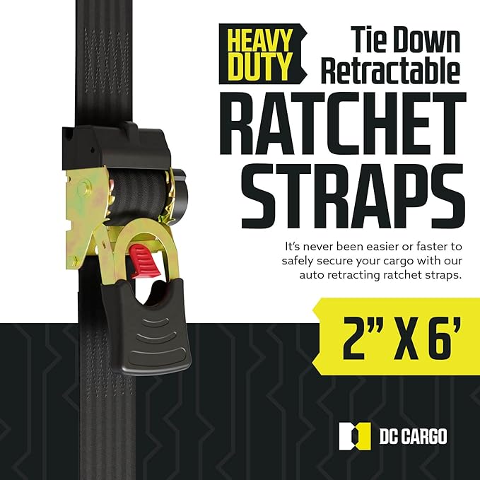 DC Cargo Mall Auto Retractable Ratchet Straps (4-Pack) 2” x 6ft, Heavy Duty, 4,033lb Break Strength – Tie Down Straps for Cargo, Truck, Trailer, Boats