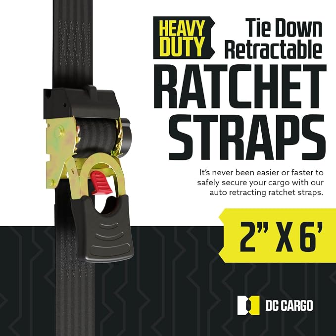 DC Cargo Mall Auto Retractable Ratchet Straps (2-Pack) 2” x 6ft, Heavy Duty, 4,033lb Break Strength – Tie Down Straps for Cargo, Truck, Trailer, Boats