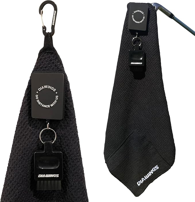 Diawings All in One Golf Towel, 5-in-1 Multi-Functional Golf Towel, with Magnetic Hold, Waffle Weave Microfiber Club & Ball Towel, Retractable Brush, Carabiner Clip – Ultimate Golf Accessory (Black)