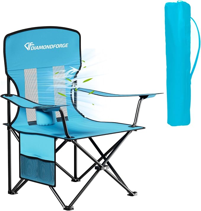 Camping Chair, 300 LBS High Back Breathable Mesh Lawn Chairs Folding (Blue) | Portable Outdoor Folding Camping Chairs for Adults, with Cup Holder for Picnic, Lawn, Beach, Park, Fishing and Sports