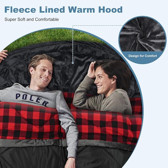 Cotton Flannel Double Sleeping Bag with Fleece Lined Hood, Waterproof Queen Size 2 Person Sleeping Bag for Adults Cold Weather Camping Backpacking or Hiking, 3-4season