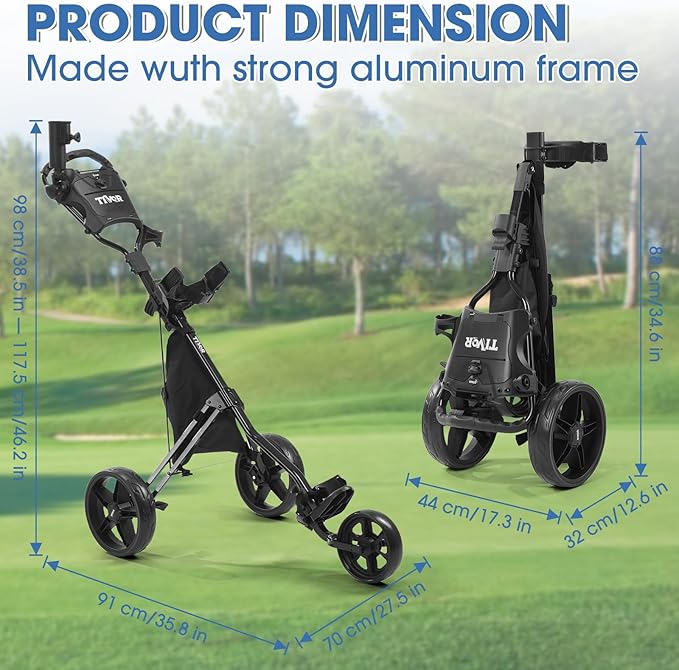 Tivor 3 Wheel Golf Push Cart, Lightweight Push Cart Golf One-Click Folding, Adjustable Height Pushcart for Golf Bags, Compact Design for Ladies, Junior Golfers