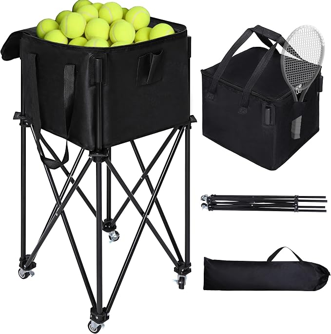 Portable Tennis Ball Hopper Holds 180 Balls, Tennis Ball Basket Cart with 4 Wheels & Brakes, Detachable Oxford Fabric Bag for Tennis and Pickleball Training, Black