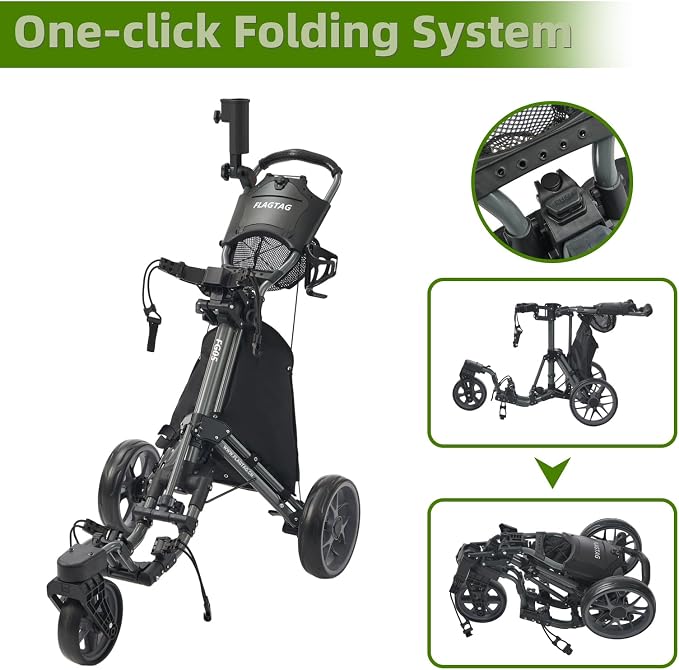 FLAGTAG Golf Push Cart 3 Wheel with 360 Swivel Front Wheel,Lightweight and Foldable Walking Golf Cart，One-Click Foldable,with Foot Brake